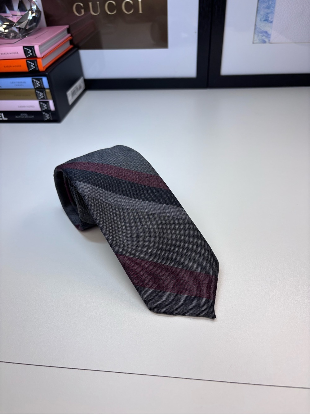 Allyn St George Vintage Men's Gray, Black & Burgundy Striped Wool & Silk Tie